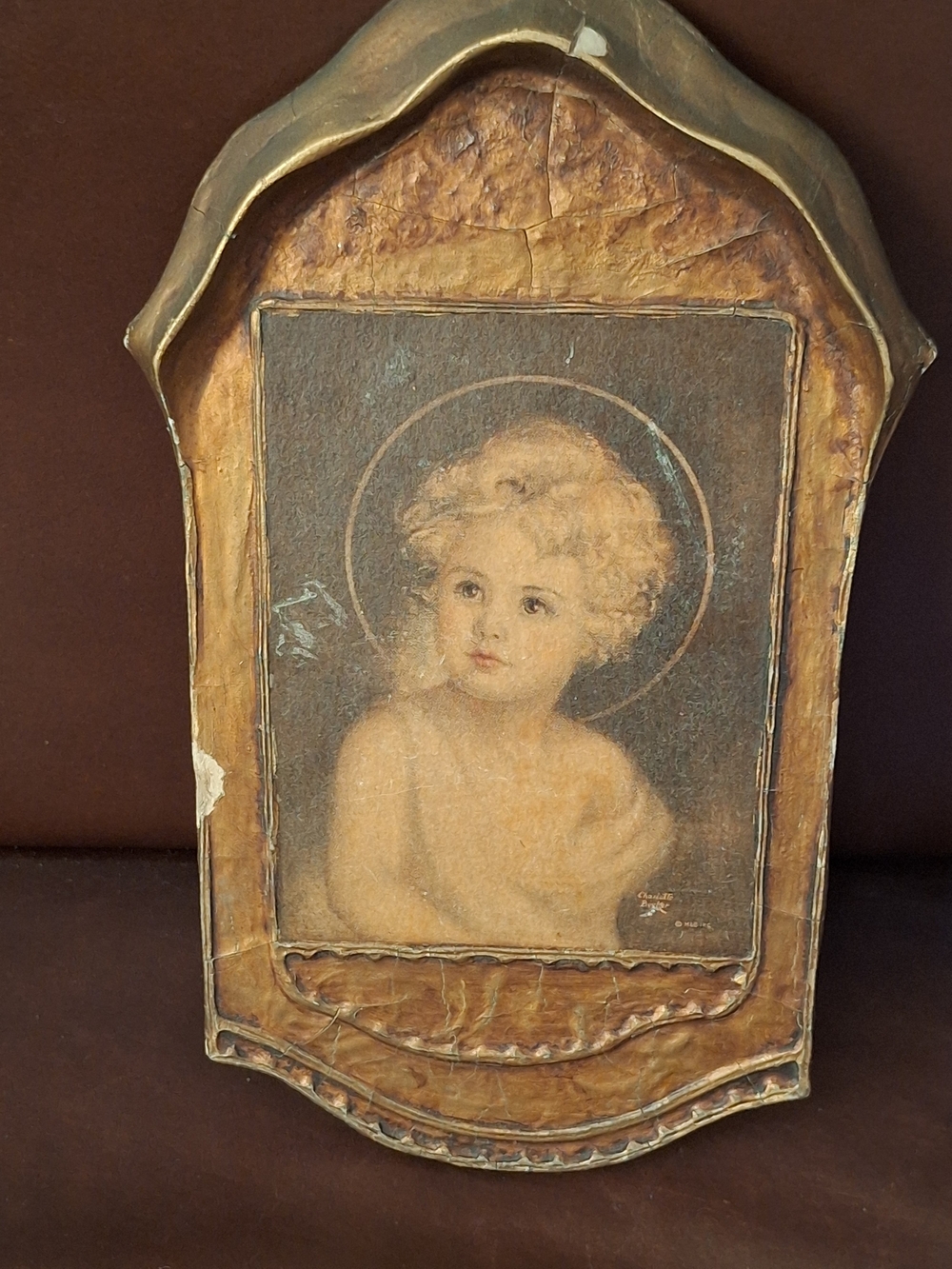 Charlotte Becker Peace On Earth Gold and Brown Cherub Portrait Plaque